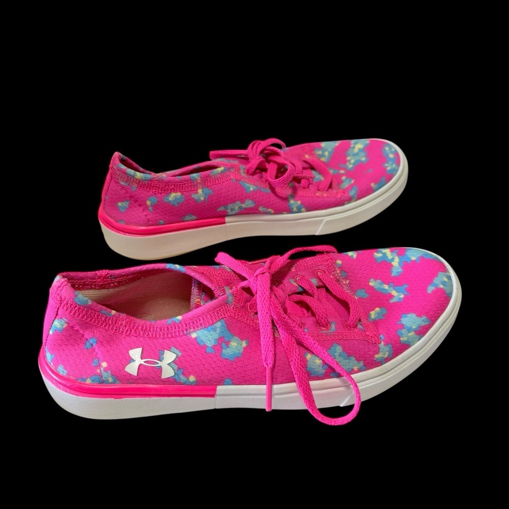 Girls 2Y Under Armour Neon Pink & Flower Print Laced Sneakers Tennis Shoes - Picture 3 of 8